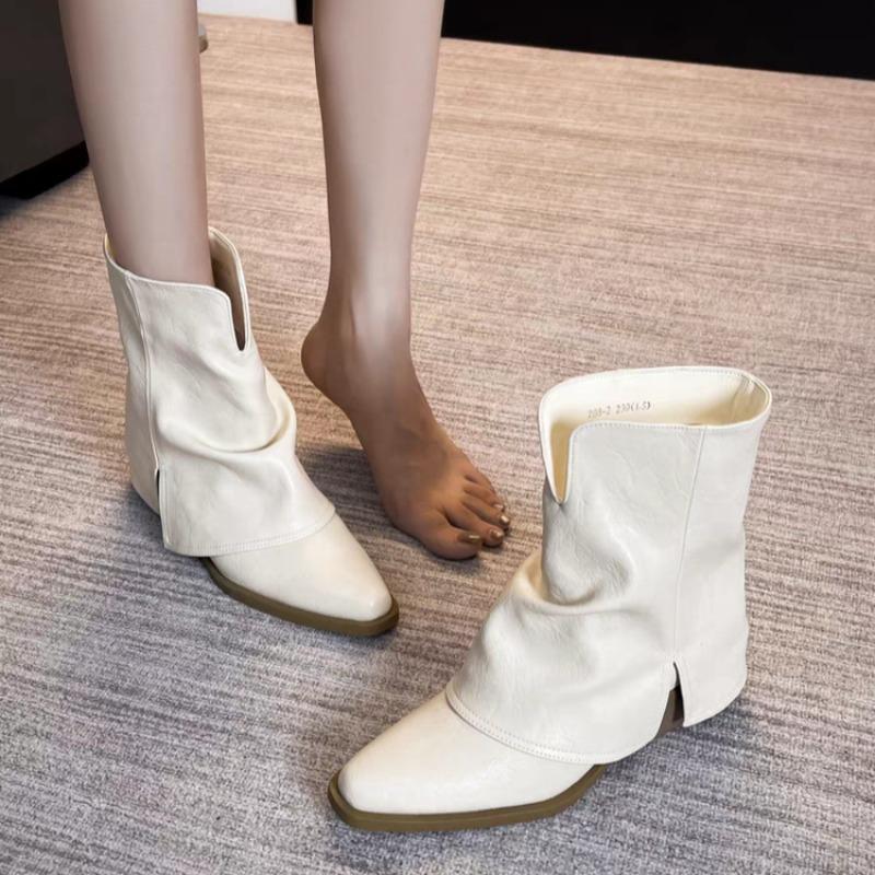 

Pointed Toe Booties Western Pointed Toe Sleeve Soft Sole Anti-slip Wear-resistant Block Heel Shoes 35 бежевый