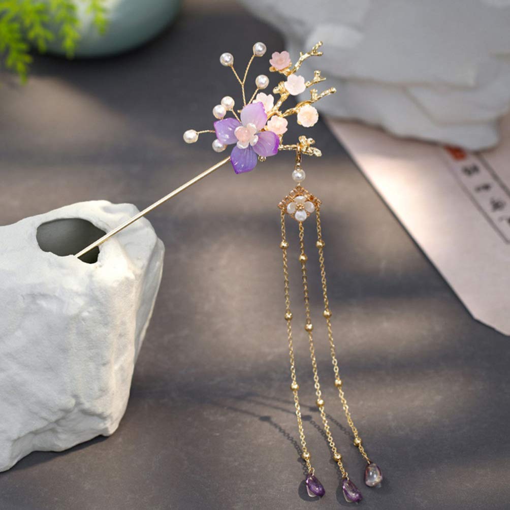 FRCOLOR Retro Heck Hairpin with 1 Japanese Hair Ornament with Artificial Jade Pearl Vintage Style for Long Hair Gift Compatible Tassel, Piece, Inlay,