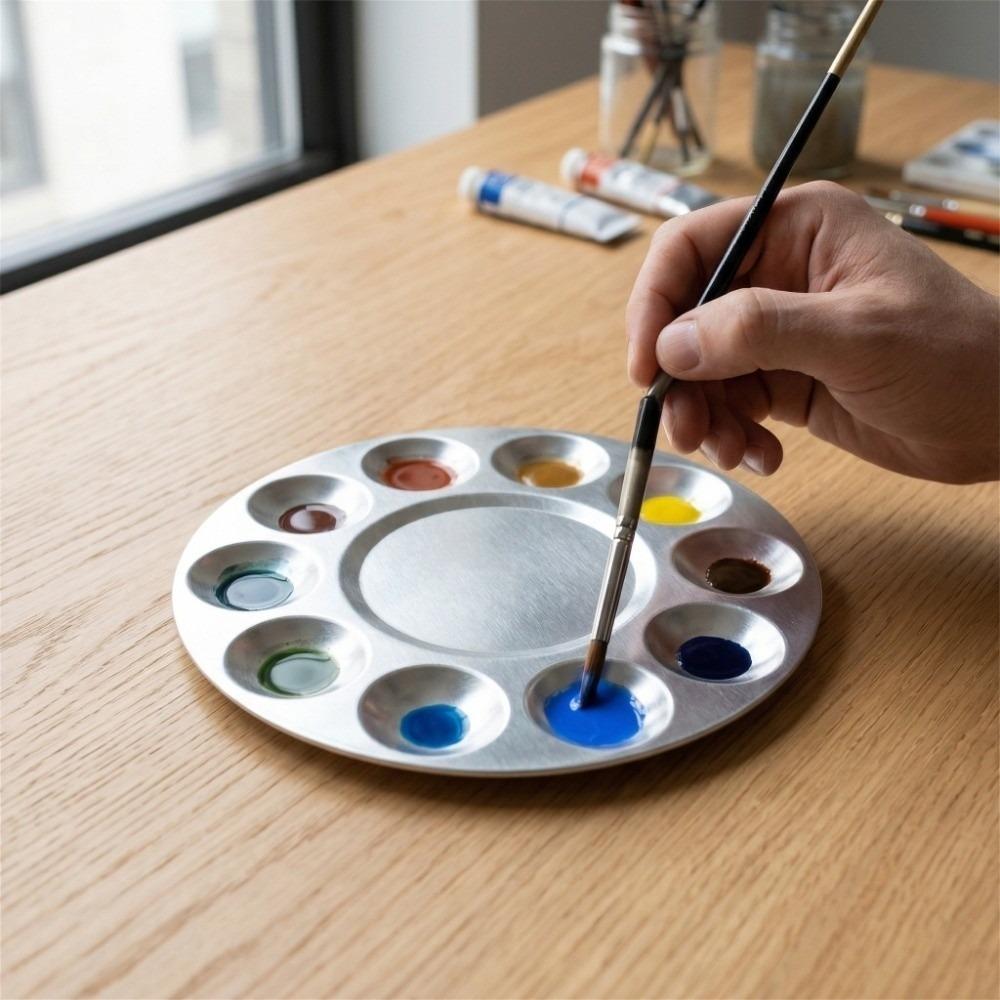 Aluminium Material Watercolor Paint Palette Round Shape Washable Paint Mixing Palette 10 Compartments Metal Construction