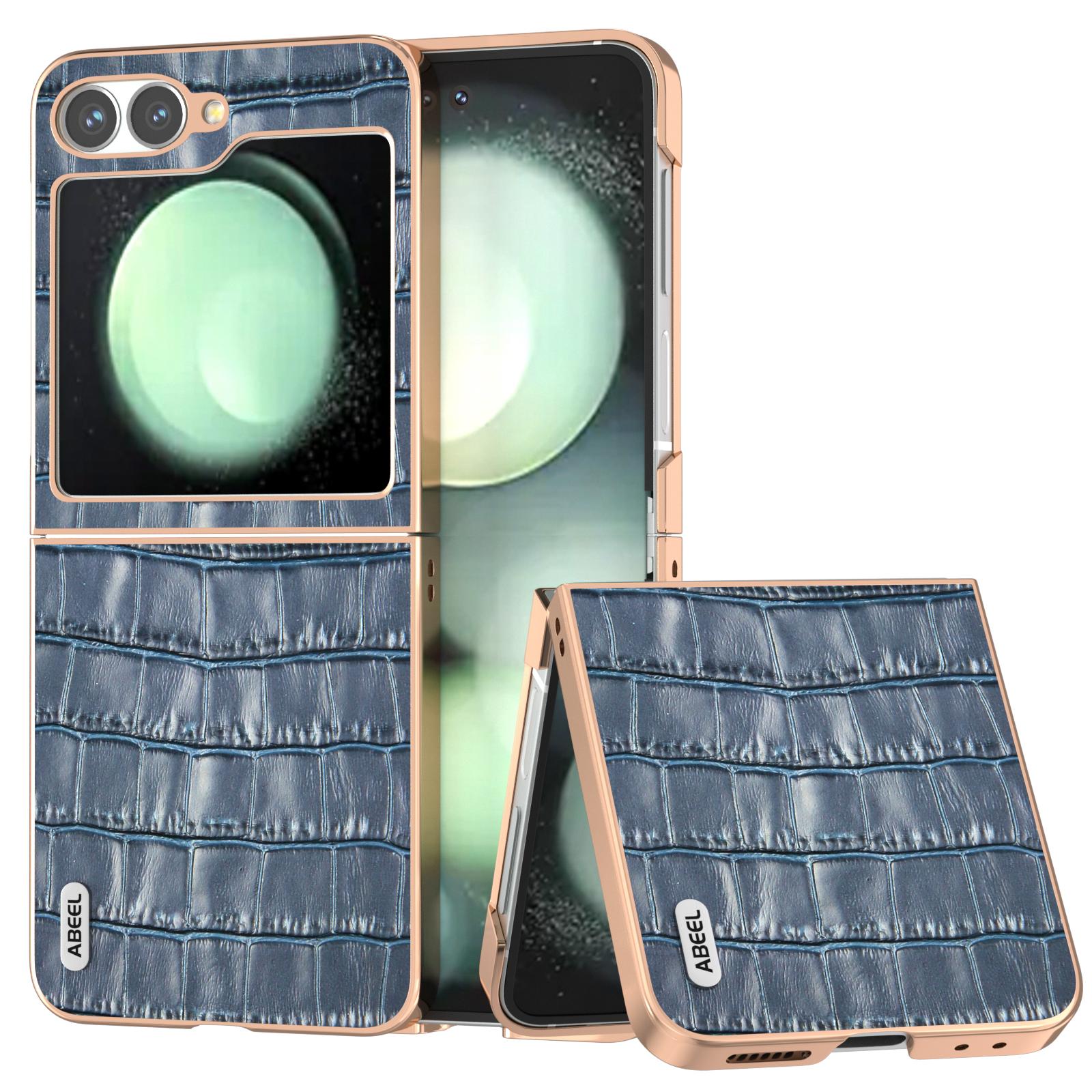 

ABEEL For Samsung Galaxy Z Flip7 FE 5G/Z Flip6 5G Case Electroplating Phone Cover Crocodile Texture Genuine Cow Leather+TPU Protective Case D