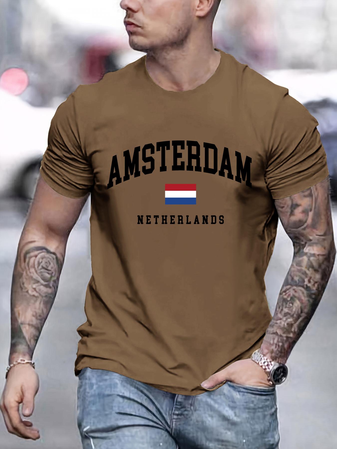 ETST 26 Amsterdam Nederland Vlag Print T-shirt Heren Katoen Ronde Hals T-shirts Los Zacht Kleding Zomer All-Match Mannen Korte Mouw 2XL