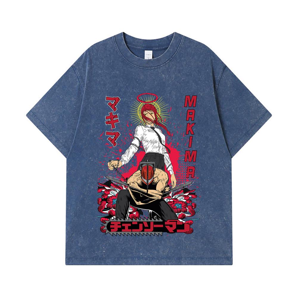 

275 GSM Washed T-shirts 100% Cotton Chainsaw Man V23 Denji Makima Print Unisex Heavy Cotton T Shirt 2XL