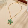 Gold Plated Stainless Steel Green Enamel Flower Pendant Necklace for Women