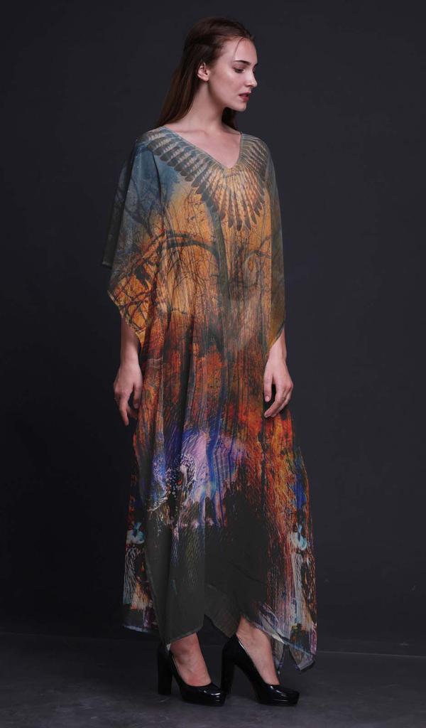 Phagun Owl Jungle Long Caftan Maxi Dress Beach Swimwear Cover Up Womens