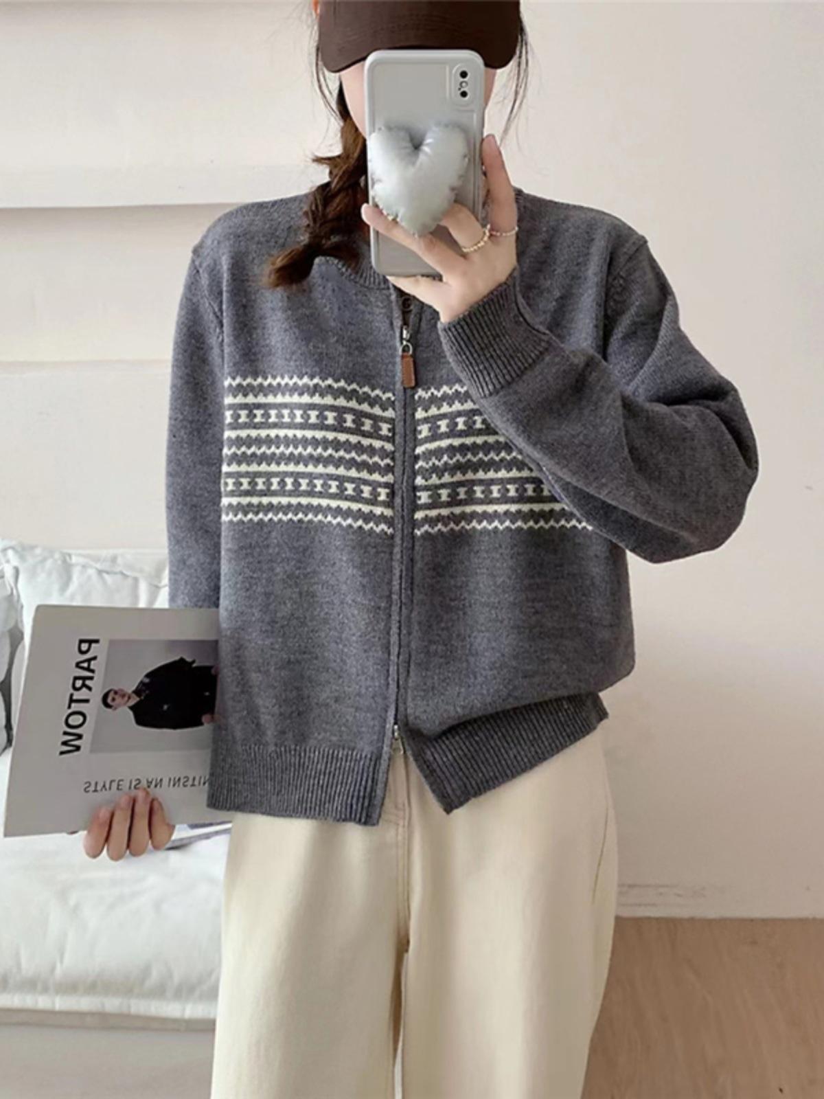 

Осень и зима новый ретро кардиган на молнии свободный вязаный топ ленивый стиль повседневная куртка-свитер женская One size серый