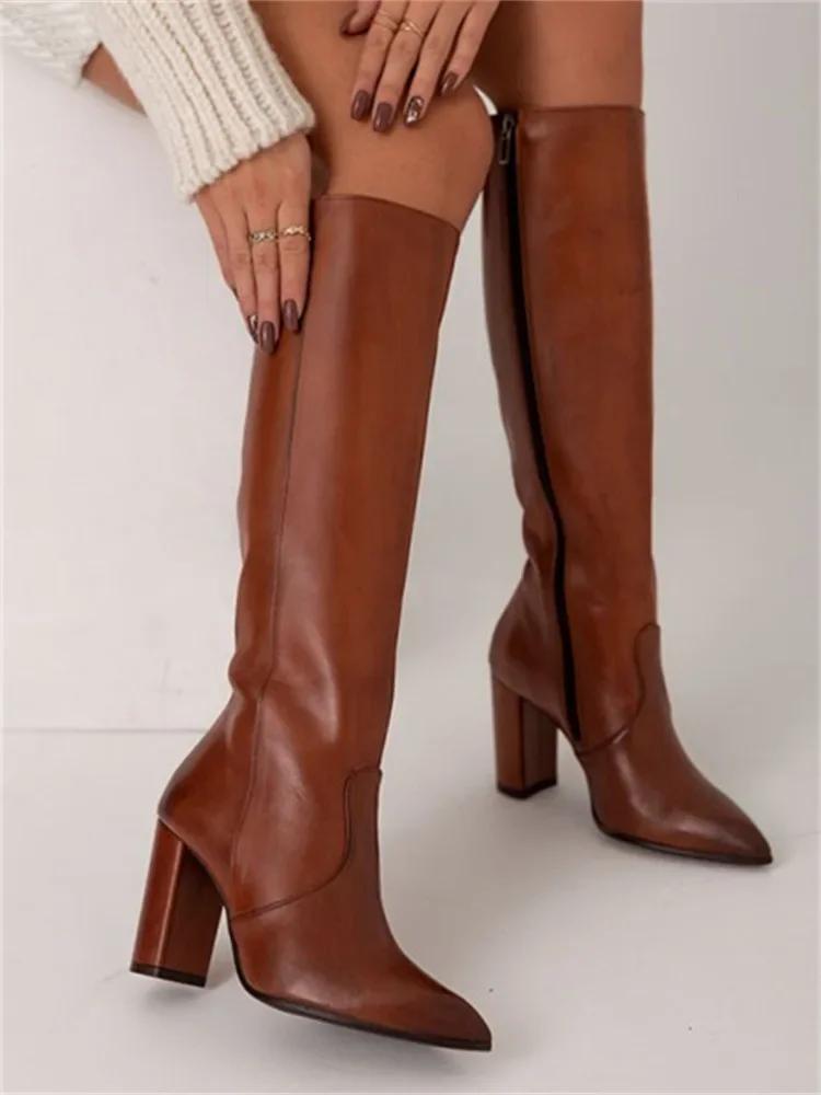 Women Knee High Boots  Winter Pointed Toe Boots Fashion Lady High Heels Shoes Zipper Western Cowgirl Tall Boots Botas Mujer
