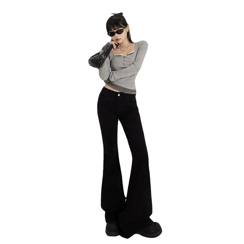 Women's 2025 Low-Waist Slim Fit Flared Jeans - Black, No-Slip, Elastic, Leg-Slimming, Spring Style