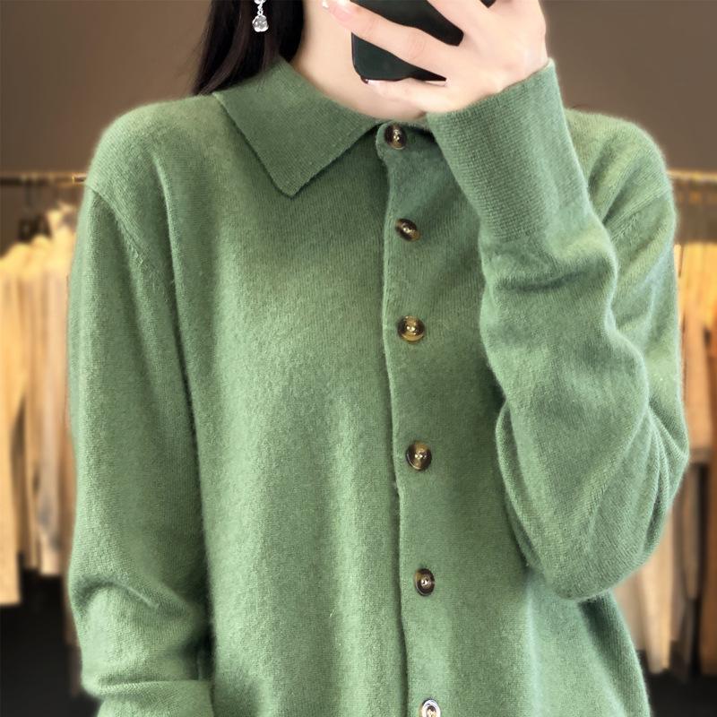 New Andy Fleece Knitted Cardigan Women's PO Shirt Collar Solid Color Sweater Jacket Top