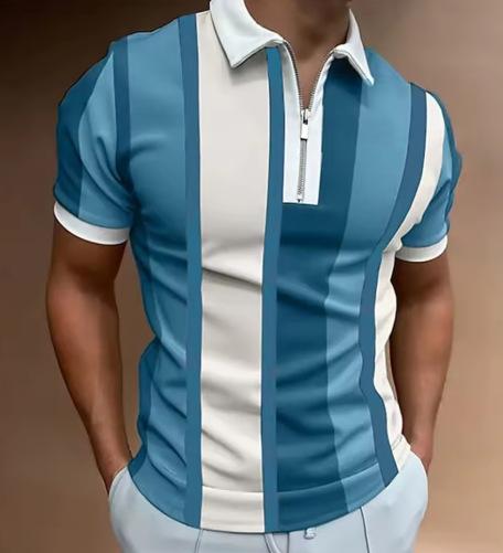 Men's short-sleeved polo shirt Casual business shirt with striped zipper Fashion 2025 summer new zipper polo shirt