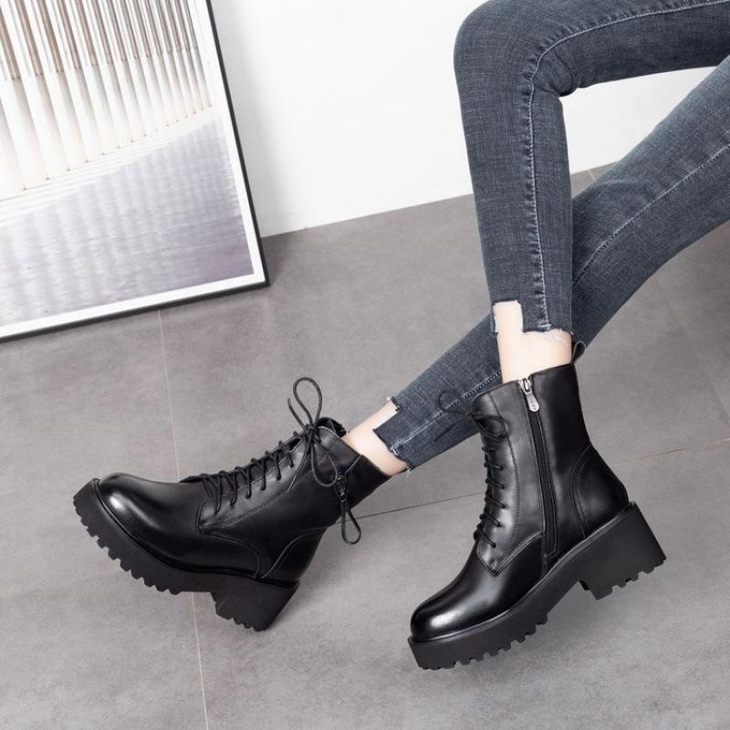 Weiches Leder flauschige Schneestiefel Damen 2025 neu dick Absatz Baumwollstiefel Winter dicksohlige gefütterte verdickte flauschige Baumwollschuhe