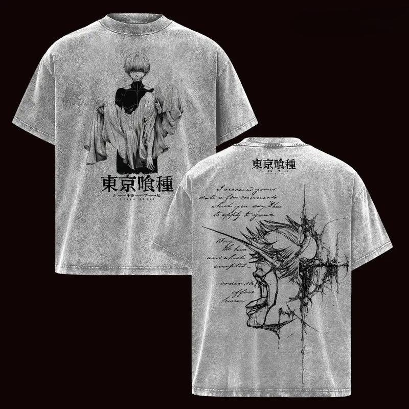 Hot Anime Tokyo Ghoul Kaneki Ken Clothing Men Women Short Sleeve Tshirts Washed Cotton Tee Oversized T-shirt Harajuku T Shirt