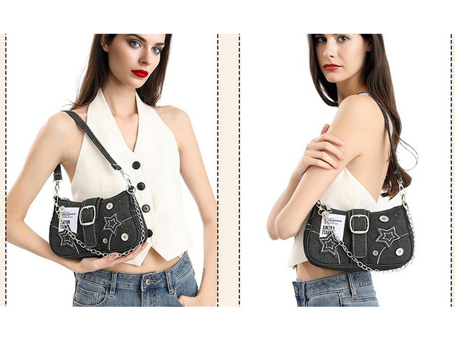 Gwiazdowa Dżinsowa Torba na Ramię Półksiężyc - Luksusowa Torebka w Stylu Spicy Girl