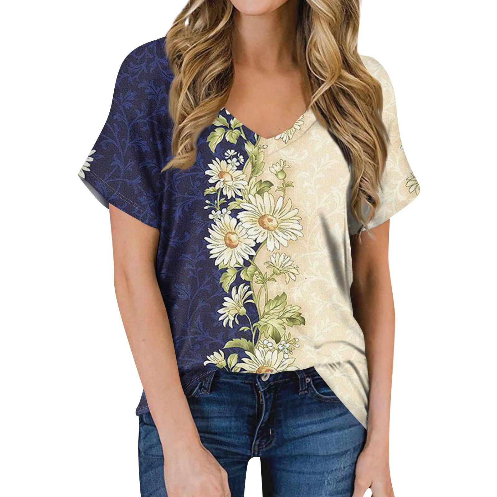 

Женская летняя модная повседневная блузка с V-образным вырезом и коротким рукавом с принтом M тёмно-синий