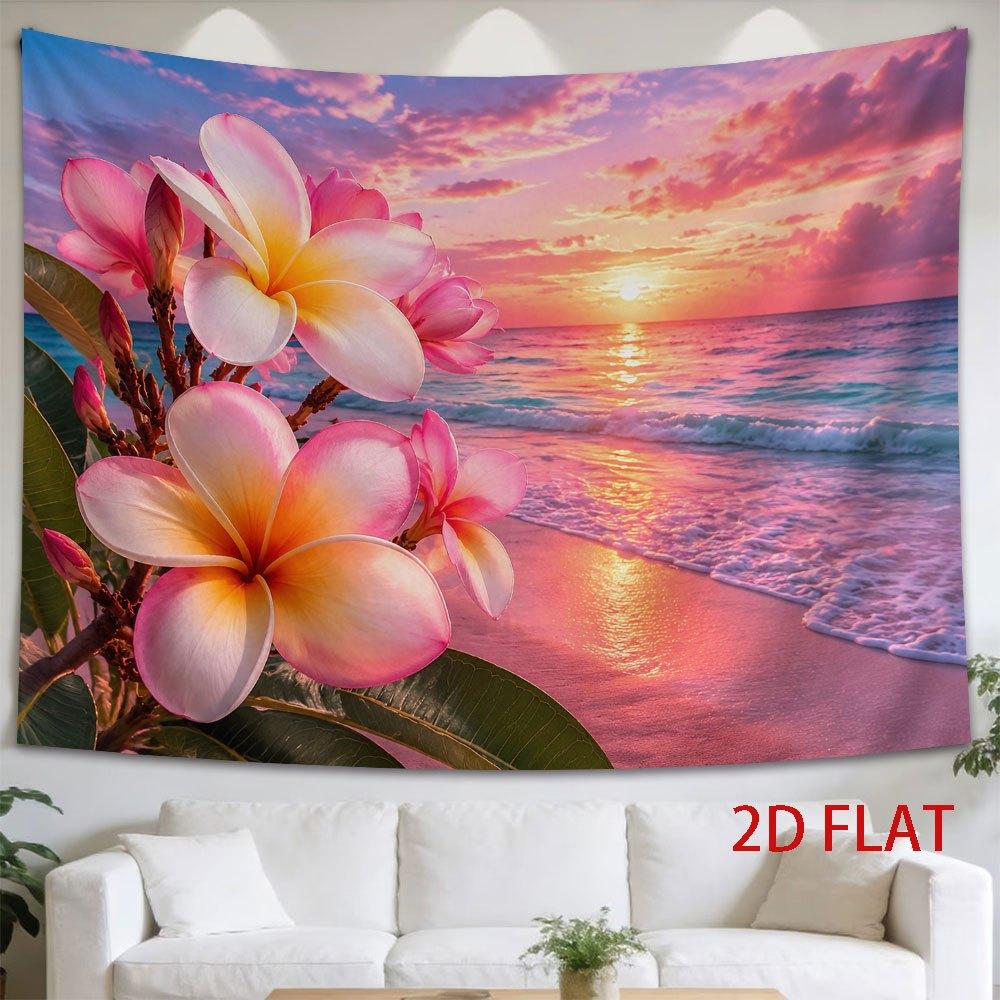 2D Flat - 2D Flat - 1pc 2D Flat Tapestry Tropical Flowers Blooming Against a Vibrant Sunset Over a Serene Beach, Capturing The Warm Hues of Dusk And T