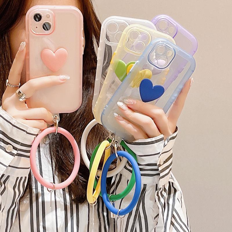 Ins Korea 3d Love Heart Clear Wrist Loop Strap Case For Iphone 13 12 11pro Max X Xr Xs Max Handy Strap Shockproof Cover