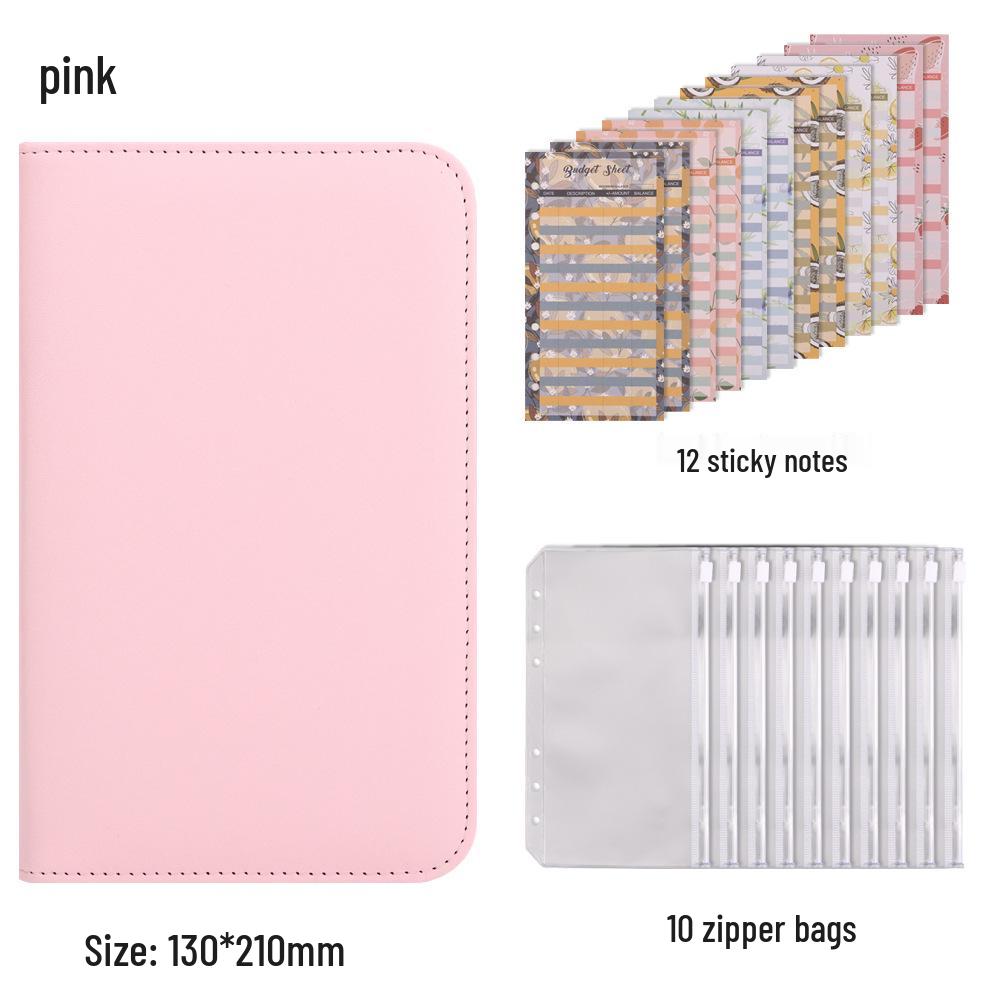 A6 Loose-leaf PU Leather Macaron Notebook with Zipper Pocket for Family Financial Management & Cash Storage. розовый