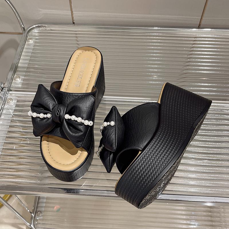 Fashion 9.5CM Flip Flops House Slippers Platform Shoes Woman 2025 Pull On Wedge Heeled Mules Low Hawaiian New High Slides Butterfly-knot