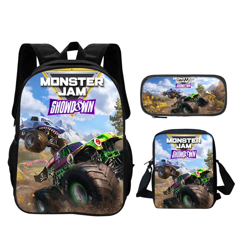 Monster Jam Backpack Pencil Box Shoulder Bag 3Pcs Set Cartoon Printed New Trendy Student School Best Campus Companion
