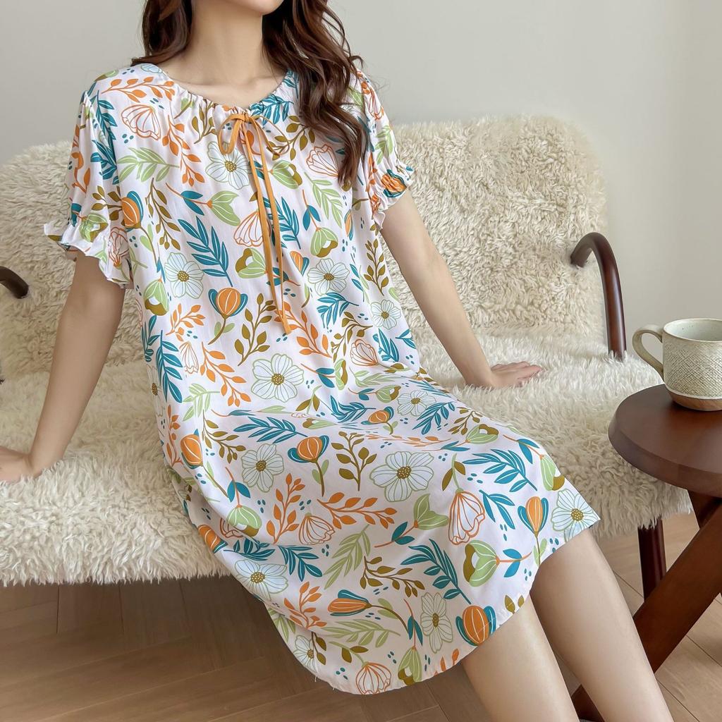 New Spring and Summer Women's Nightdress Full Cotton Cotton and Silk Short-sleeved Skirt Generous Lace-up Rope Round Neck Flower Sexy Long Dress