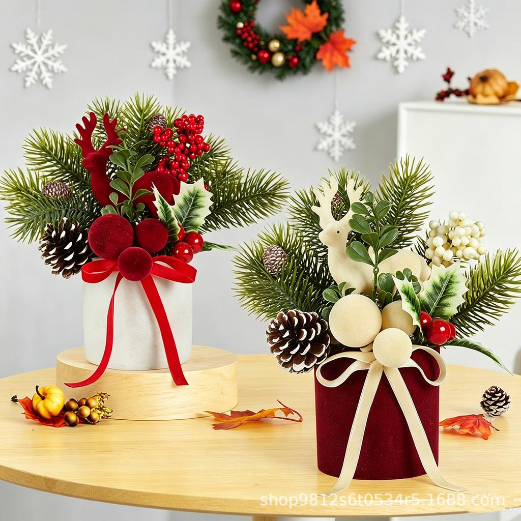 Flocked Reindeer Mini Tabletop Christmas Tree, Small Flocked Tree with Twine and Bow Home Decoration