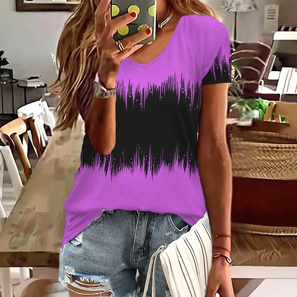 Fashion Women T-Shirt Stripes Print Gradient V-Neck Short Sleeve Basic Tops Streetwear Summer Oversized Clothing Female T-Shirts