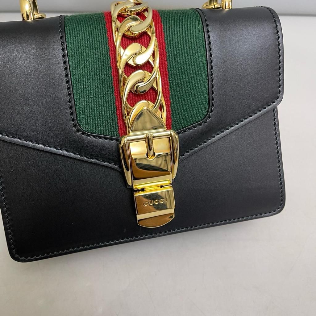 [Pre-Owned] Sylvie Gold Buckle Striped Web Leather Tote Shoulder Crossbody Mini Bag - Excellent #X4FHI5