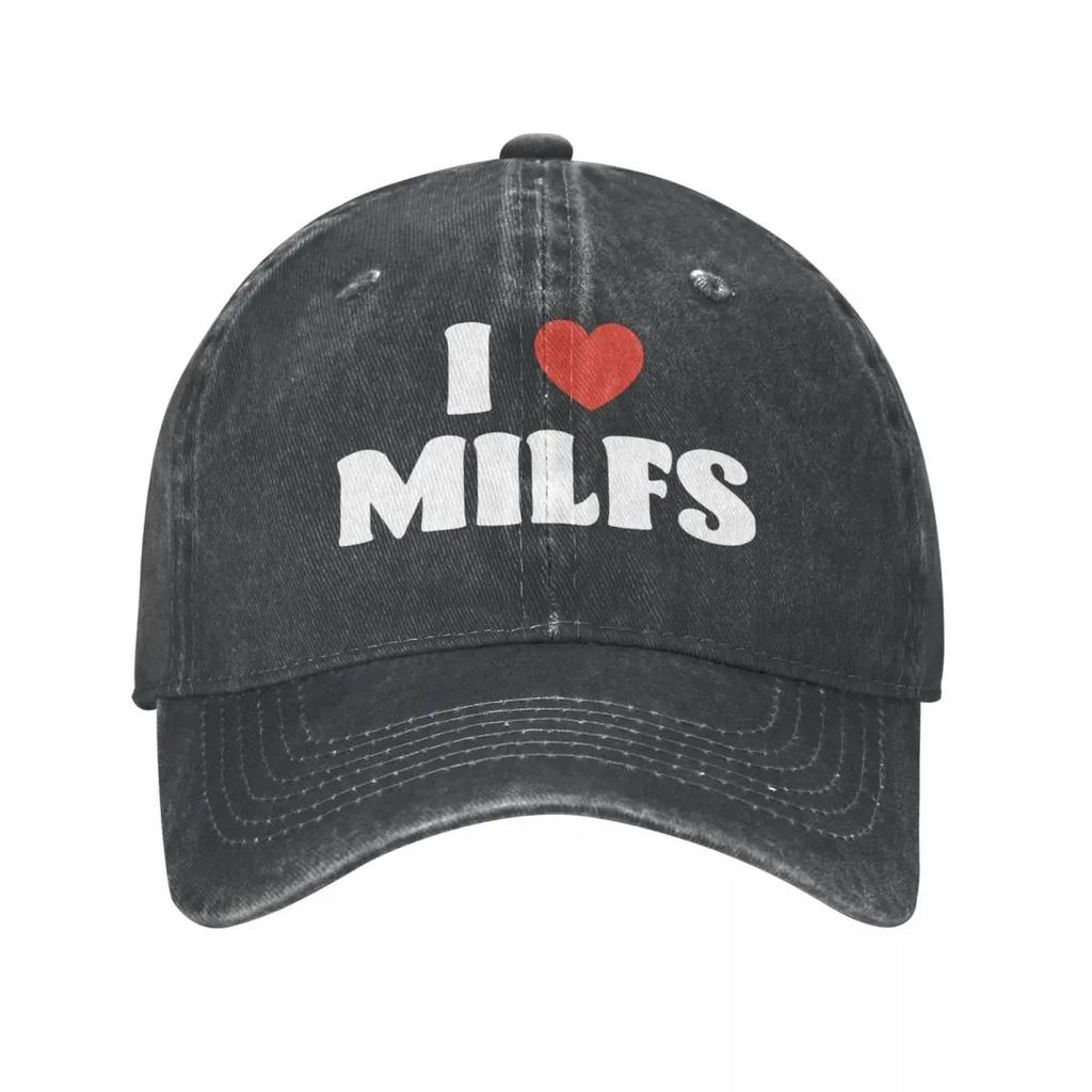 Mote Jeg elsker Milfs baseballcaps unisex-stil slitt denim snapback-hatt utendørsaktiviteter ustrukturert myk caps-hatt