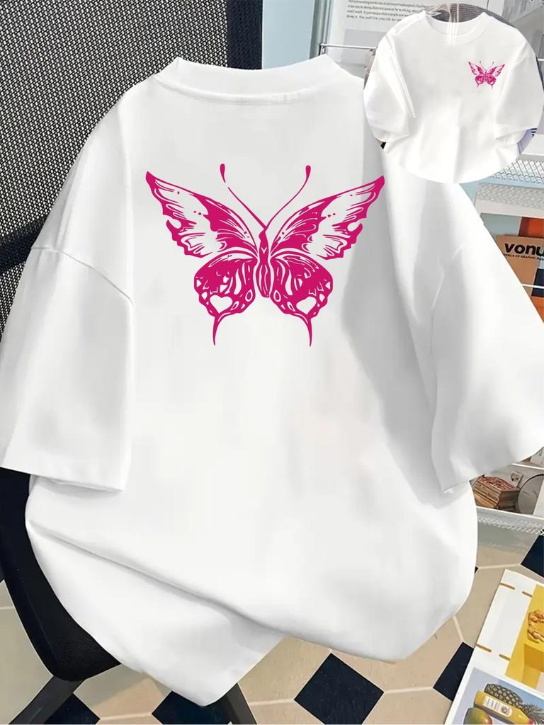 Pink Butterfly Printing Tshirts Summer Unisexs T Shirts Basic Oneck Short Sleeve Tops Casual Unisex Clothes Graphic T Shirts