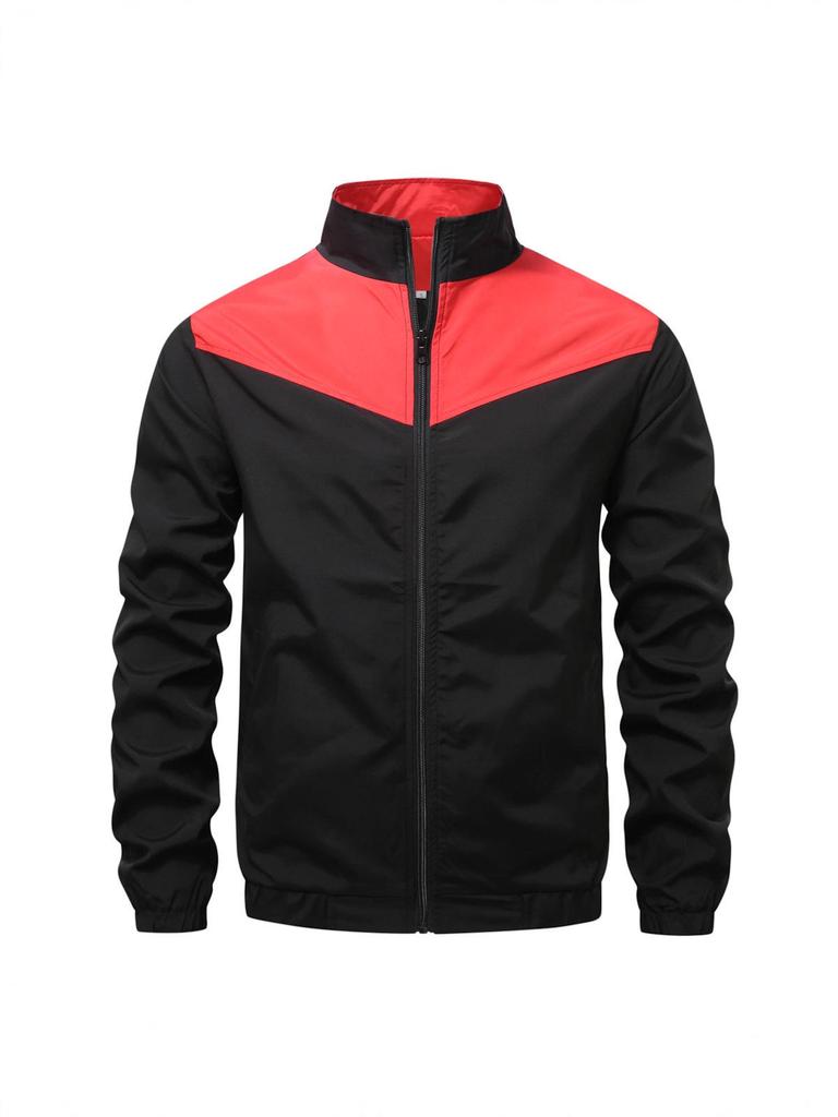 European-American Color Block Men's Stand-Up Collar Jacket - Trendy Autumn/Winter Outerwear