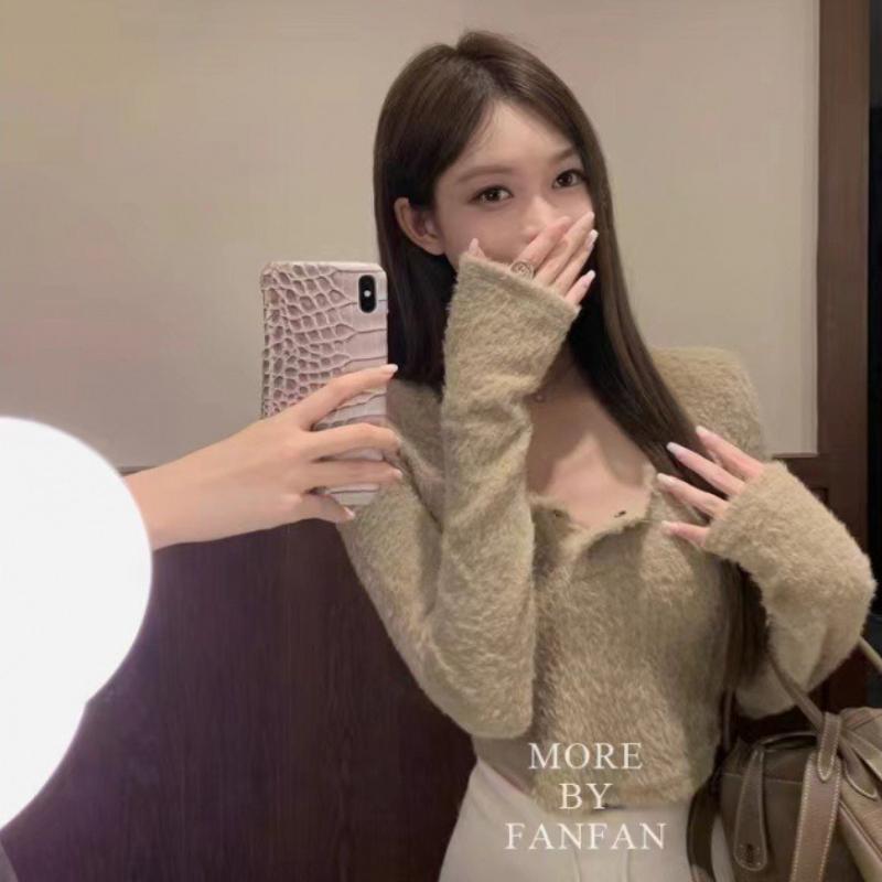 French Pink U Neck Knit Top Women Autumn Winter Base Layer Slim Fit Tight Long Sleeve Shirt