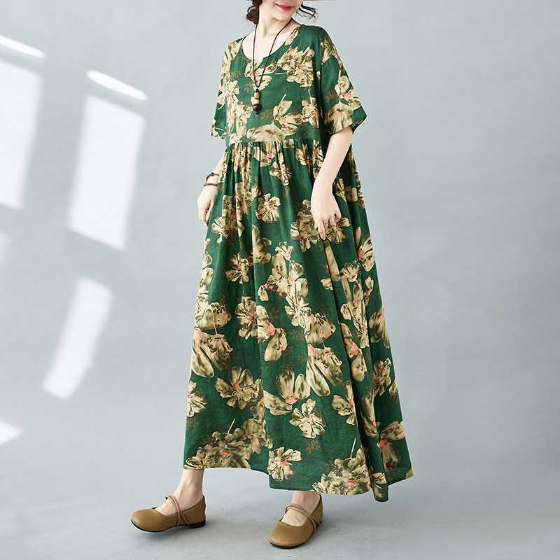 Simple Bohemian Print Dress Short Sleeve Round Neck Summer New Style Elegant Feel Long Dresses Women's Clothing