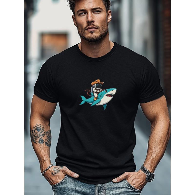 Plus-size Men's T-shirt, Relaxed and Casual, Men's Astronaut Riding a Shark Graphic Summer Casual Crew Neck Short Sleeve T-shirt, PLUS SIZE
