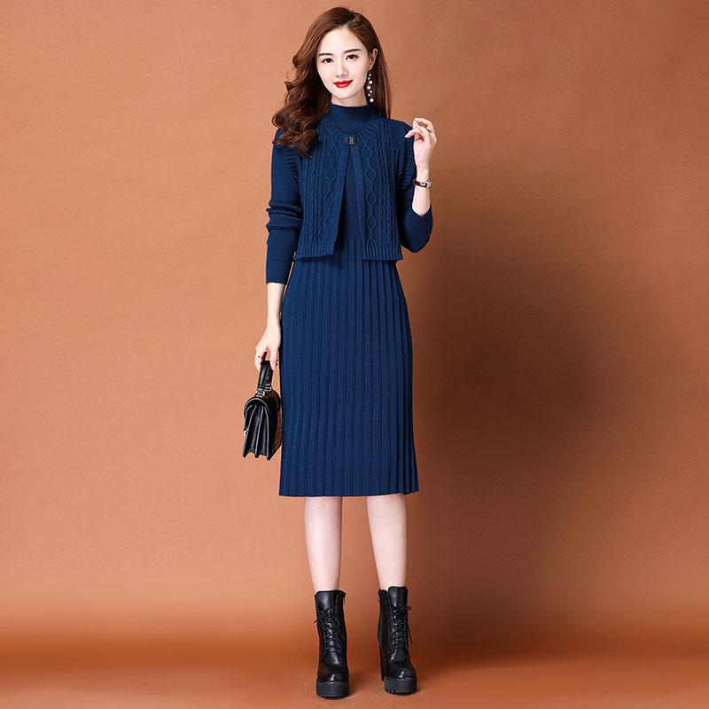 2025 Autumn/Winter Women's Elegant Knit Two-Piece Mid-Length Wool Dress Set
