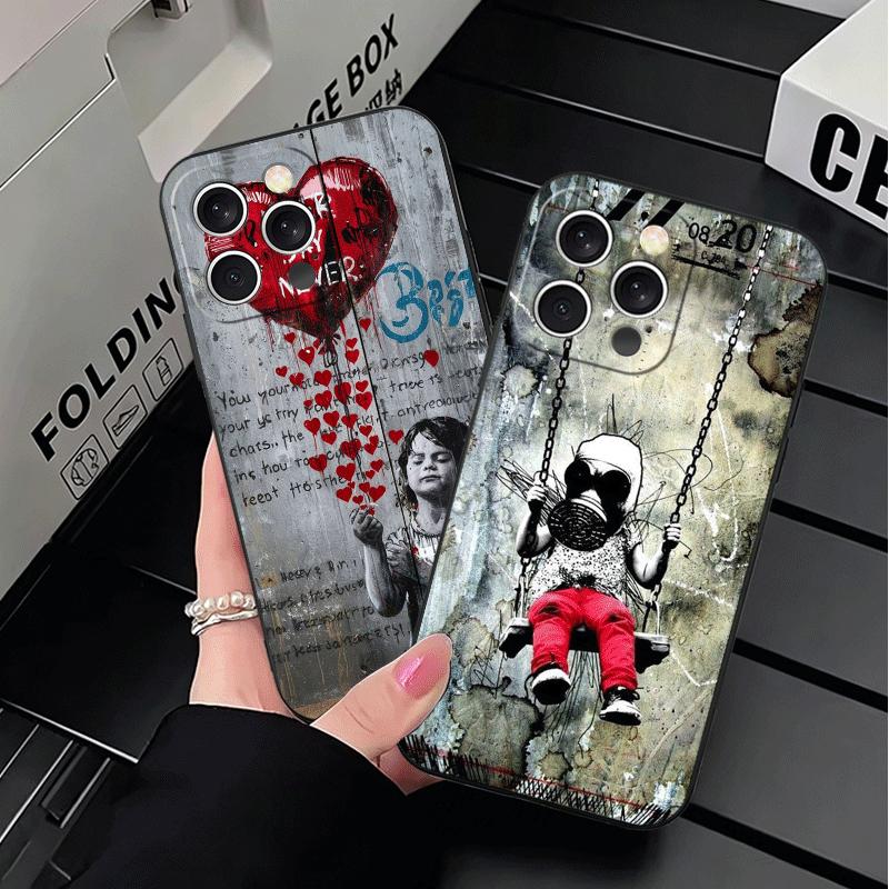 B-Banksy Art Graffiti Artist Soft Phone Case for iPhone 16 16E 17 Air 15 Pro Max 14 Plus 13 Mini 11 12 7 Black Cover Back Shell