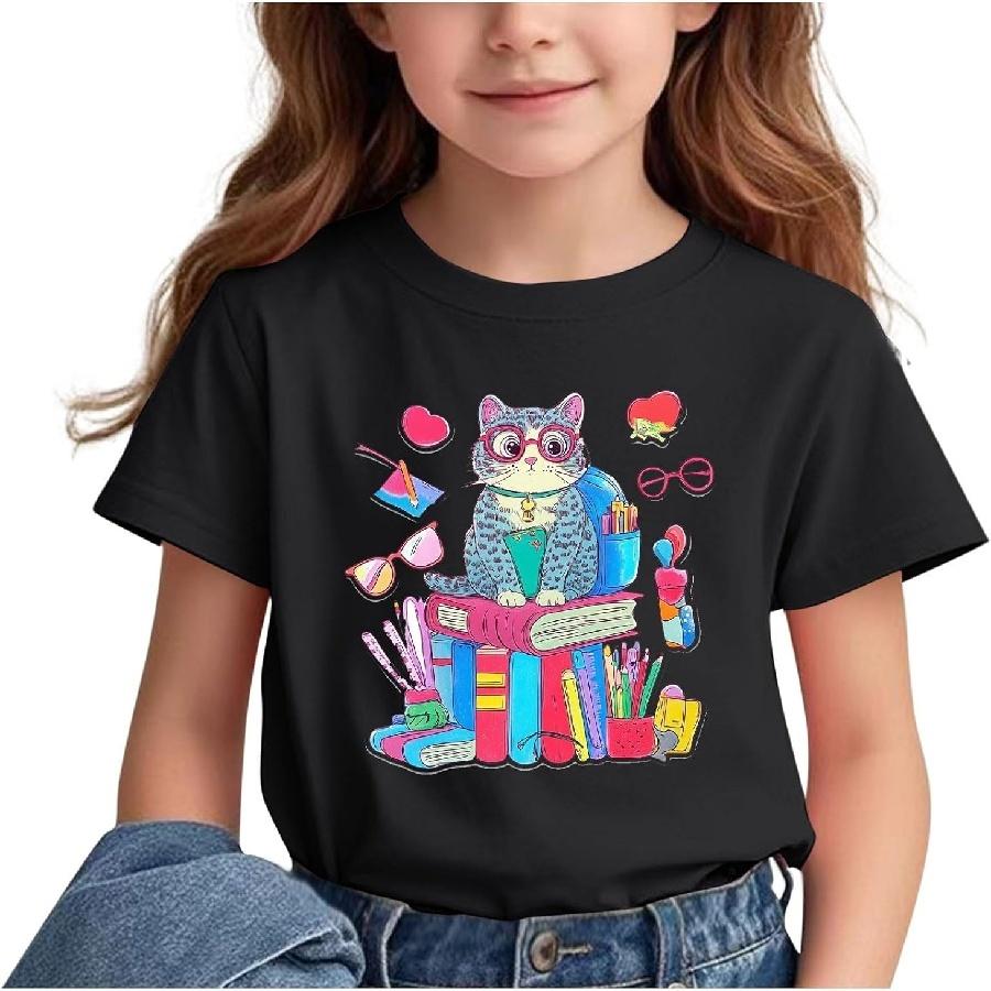 

Girls Short Sleeve Tees Shirts Cute Cat Book Graphic T-Shirts Summer Cotton Tshirts Funny Tops XXXXXL чорний
