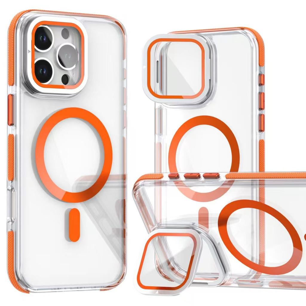 For iPhone 16 Pro Magnetic Case TPU Acrylic Clear Phone Back Cover with Lens Protector Kickstand