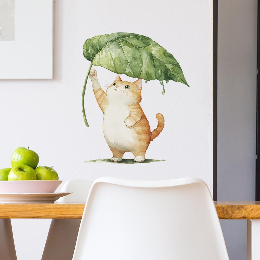 Cartoon Cat Leaf Umbrella Wall Sticker Self-Adhesive Removable Bedroom Dorm Hallway Home Decor