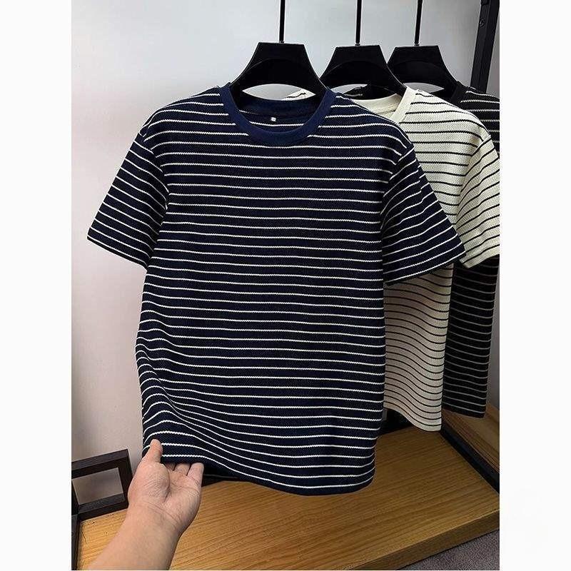 Classic Striped Short Sleeve T-Shirt Men's Crew Neck Summer Polo Shirt Half Sleeve T-Shirt Top Trendy Round Neck Fine Horizontal Stripe T-shirt