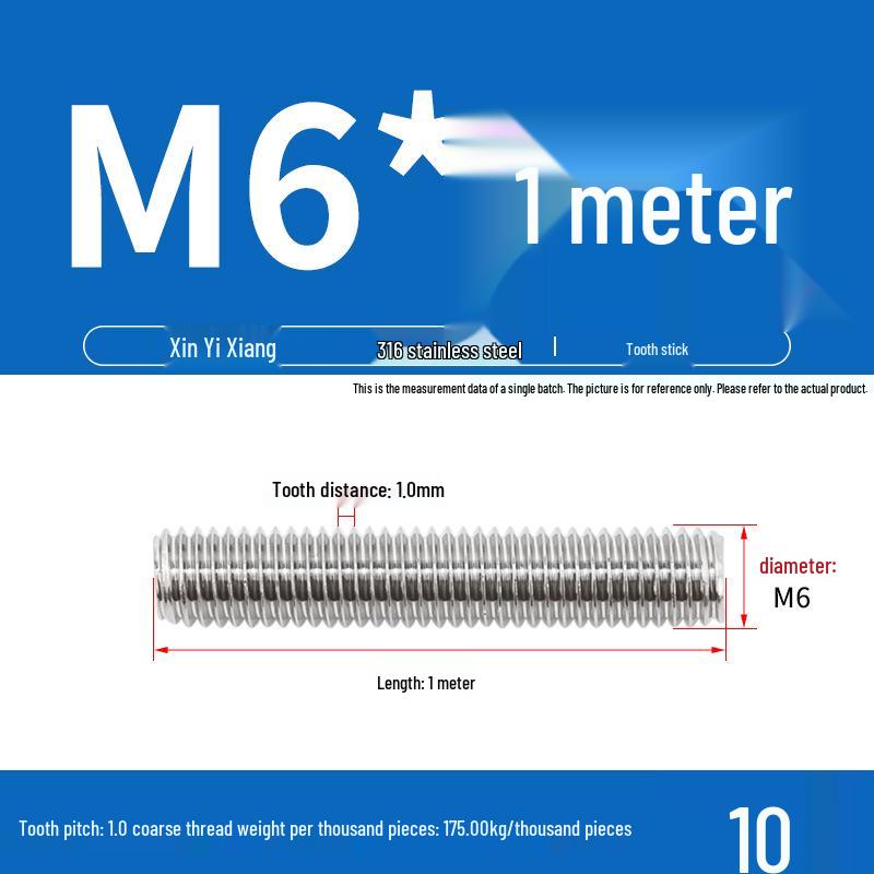 304 Stainless Steel Full Threaded Rod, 1 Meter, available in sizes M3, M6, M8, M10, M12.