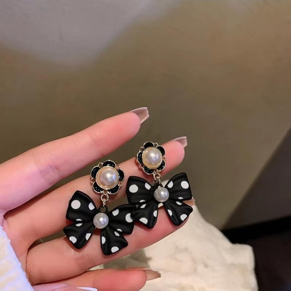 Cute Pearl Bowknot Colorful Polka Dots Bowknot Drop Pendant Earrings for Women Girls Party Dating Wedding Jewelry Accessories