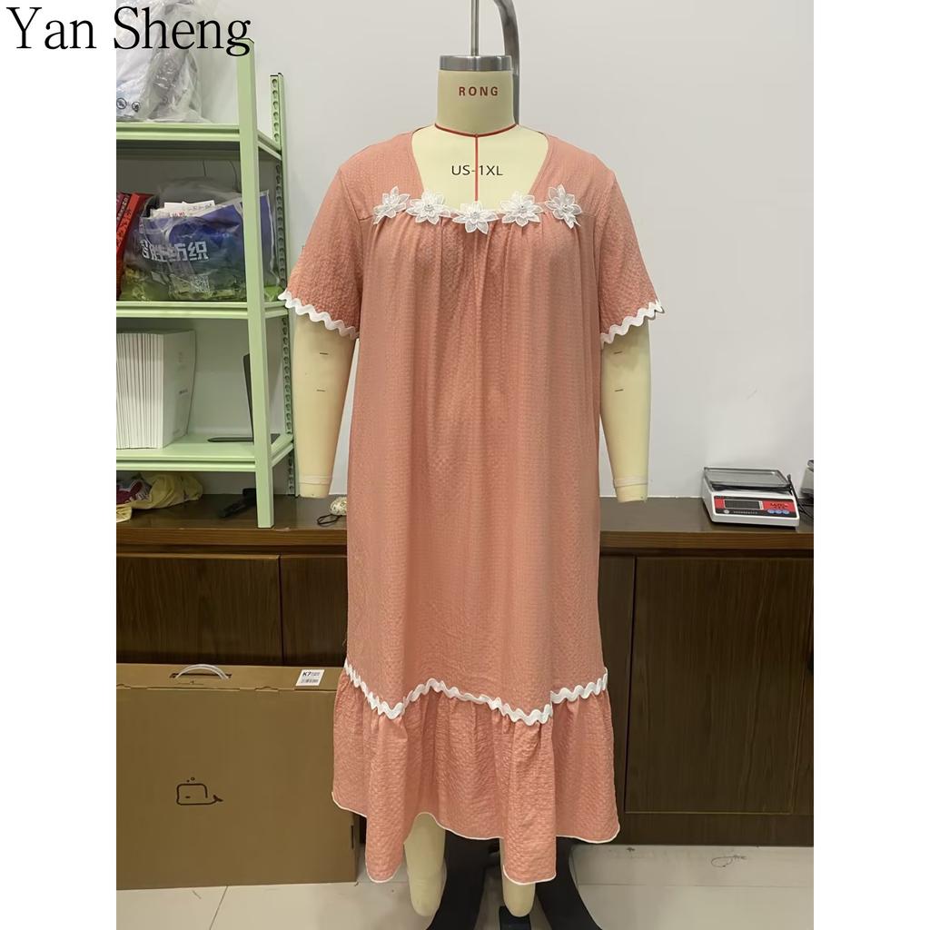Women Nightgown Seersucker Floral Square Collar Short Sleeve Long Robe Loose Summer Loungewear Sleepwear
