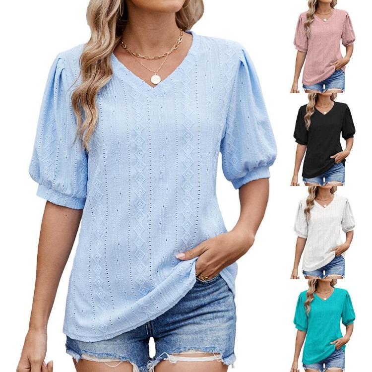 

Summer Women Casual V Neck Hollow Short Sleeve Solid Color T Shirt Spring New Fashion 2XL рожевий