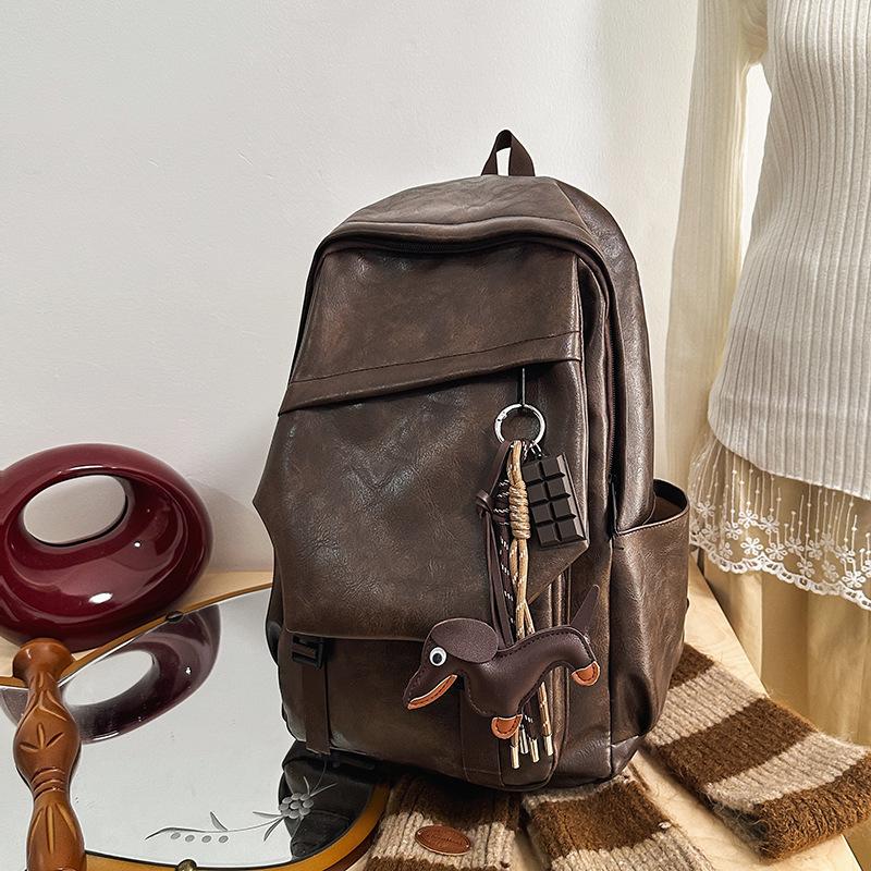 Retro Hong Kong Style Soft Leather Backpack, Men's and Women's Locomotive Style Backpack, College Student Schoolbag, Cool Waterproof Computer Bag