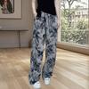 Women's High Waist Drawstring Wide Leg Pants Loose Straight Tie Dye Printed Polyester Trousers For Summer Commute Floor Length Casual Wear