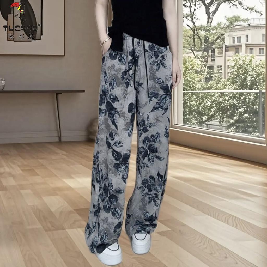 Women's High Waist Drawstring Wide Leg Pants Loose Straight Tie Dye Printed Polyester Trousers For Summer Commute Floor Length Casual Wear