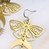 Bohemia Charm Gold Color Hollowed-out Moth Crescent Moon Sun Moonstone Pendant Dangle Earrings for Women Stainless Steel Jewelry