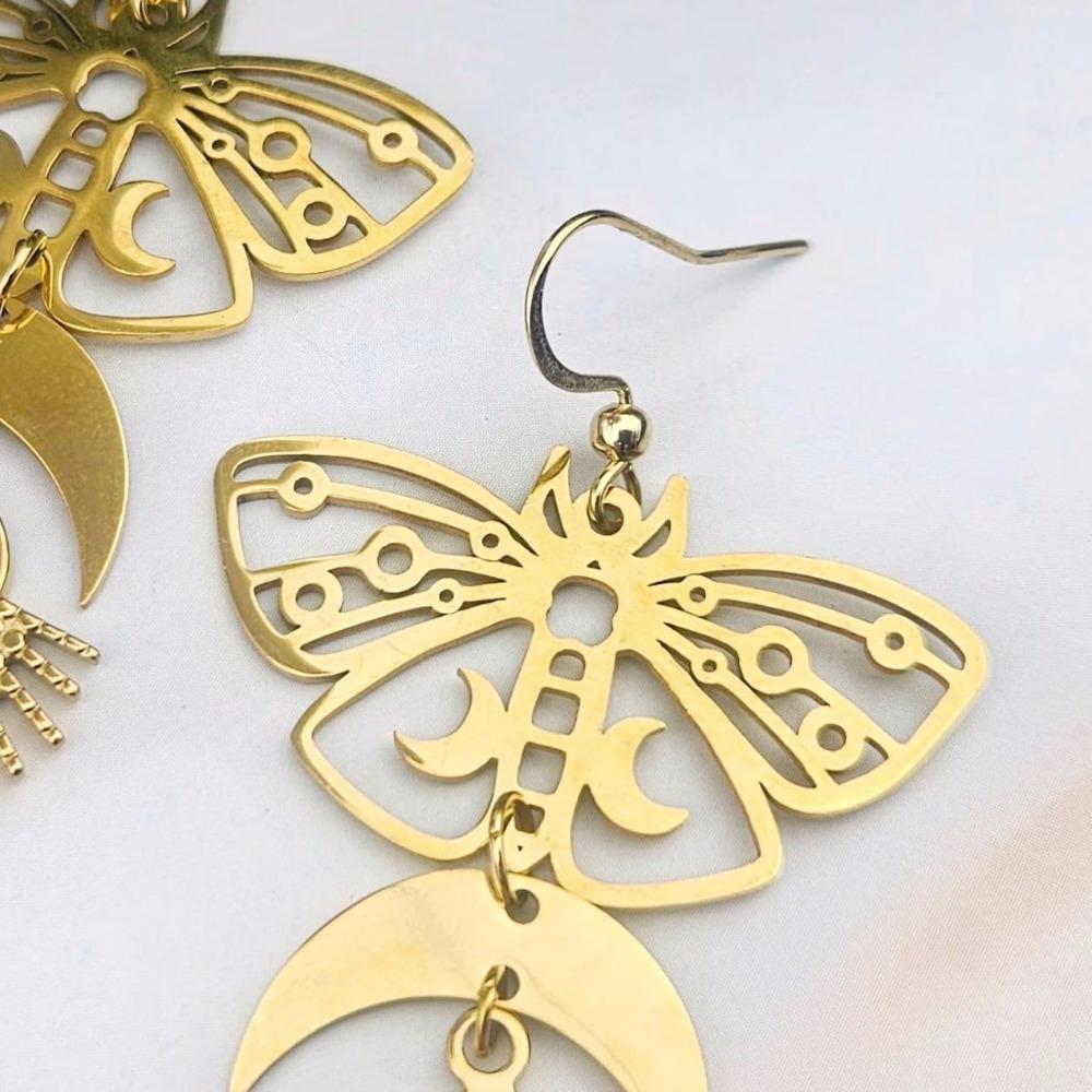 Bohemia Charm Gold Color Hollowed-out Moth Crescent Moon Sun Moonstone Pendant Dangle Earrings for Women Stainless Steel Jewelry
