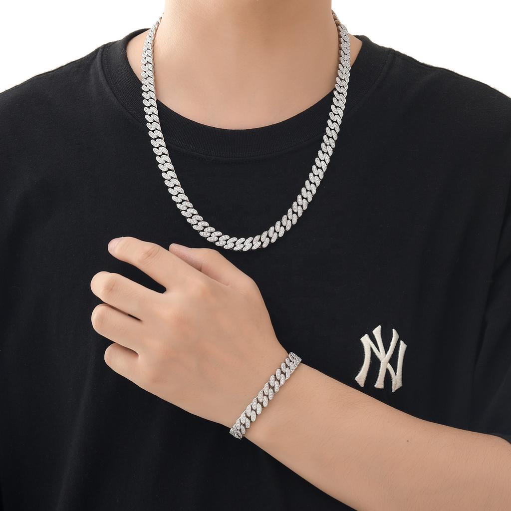 BES 10MM Iced Out Cuban Link Chain Cubic Copper Zirconia Necklace Hip Hop Bracelet Women Man Hip Hop Jewelry