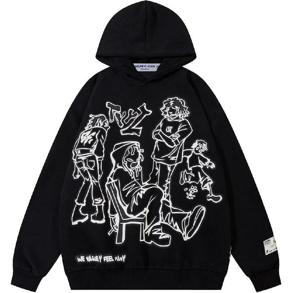 Aelfric Eden Mens Graphic Oversized Hoodie Cartoon Character Print Streetwear Casual Hoodies Y2k Hooded Sweatshirt