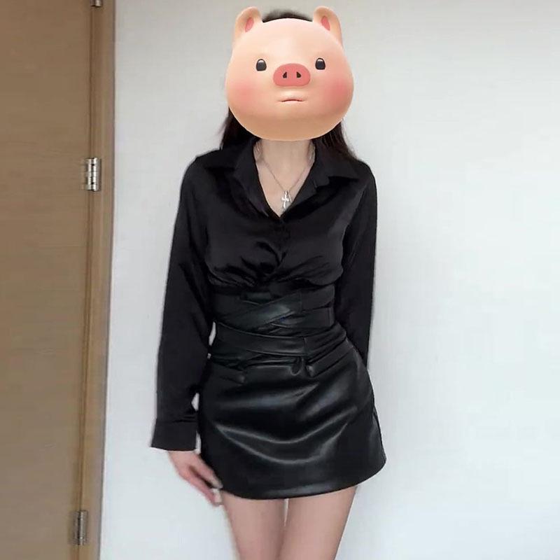 Women's Plus Size Black PU Leather Bodycon Mini Skirt - High-End Spring/Autumn Style with Ant Waist Design